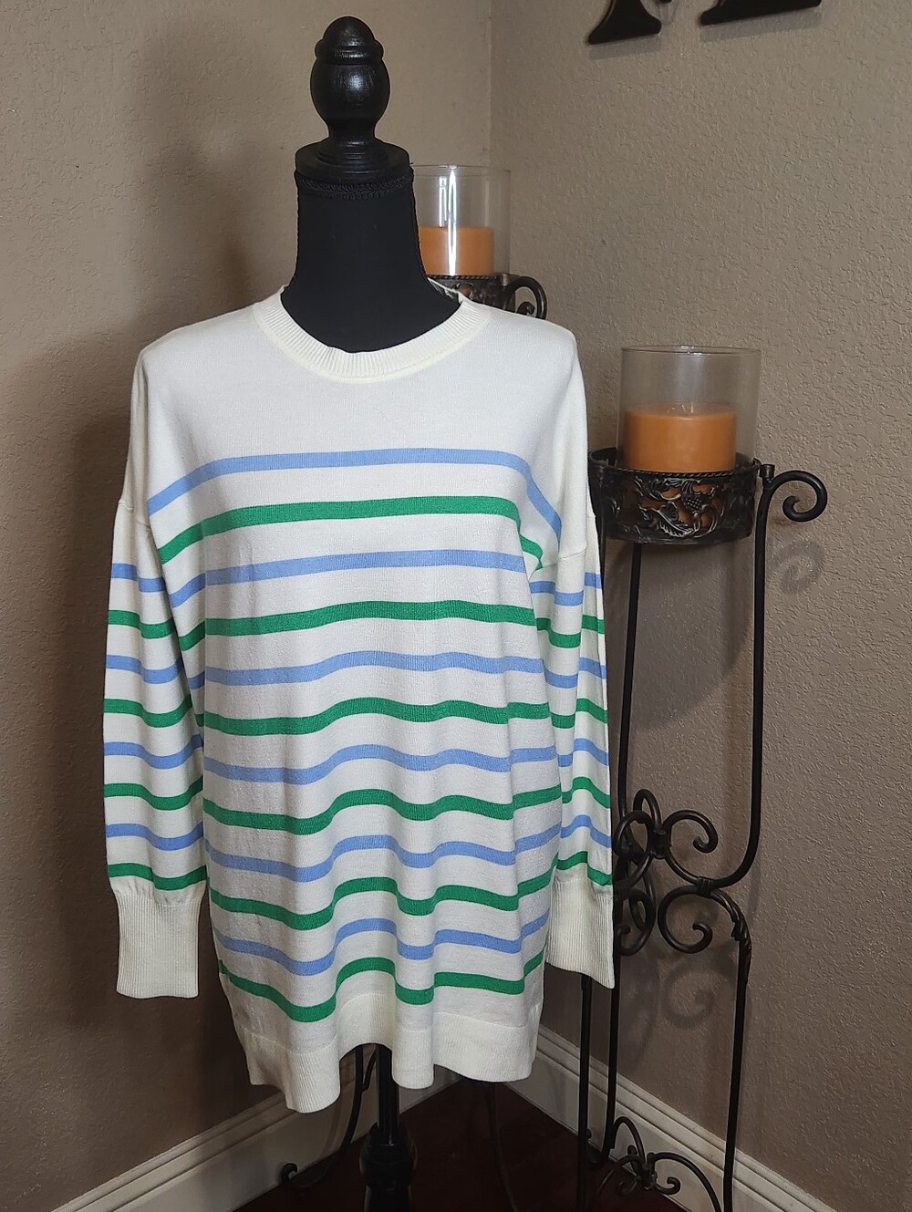 LOFT Cream Crewneck Sweater with Blue & Green Stripes Size Large